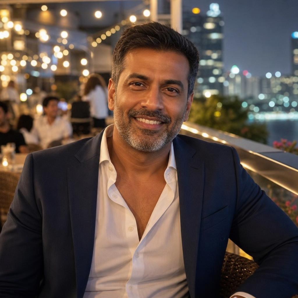 Man in a navy suit without a tie, mid-conversation at a rooftop restaurant