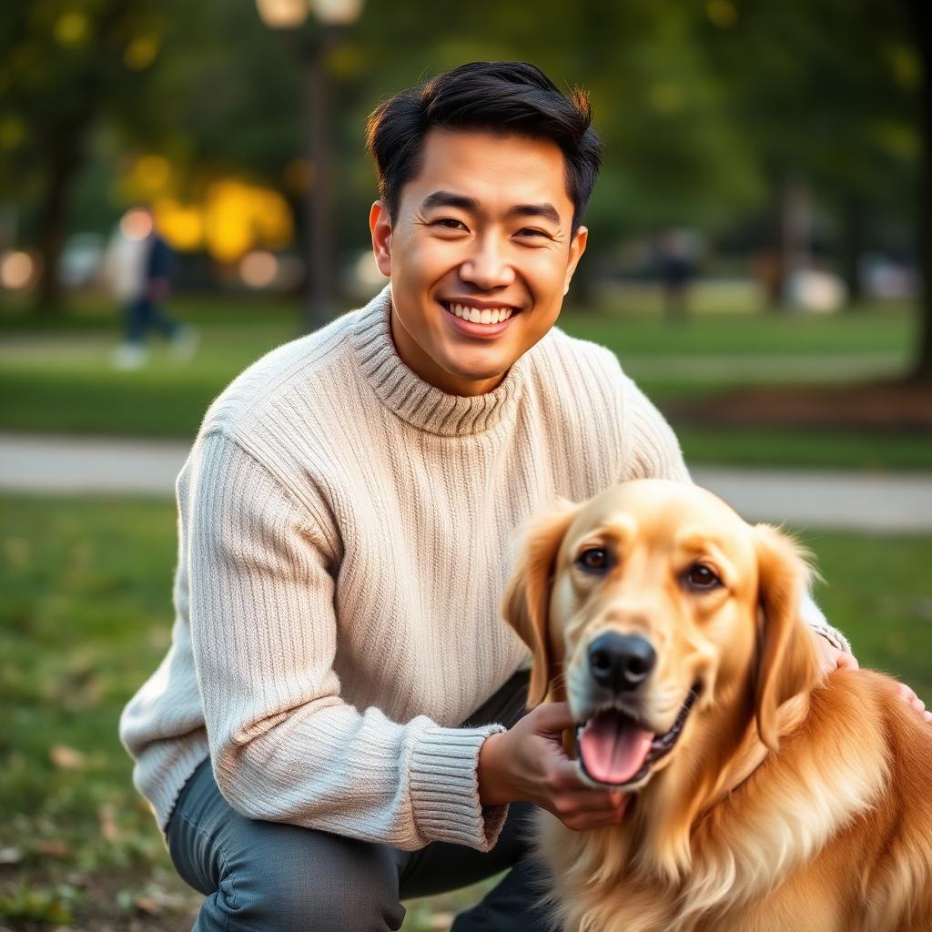 Man crouched down smiling while a golden retriever looks up at him