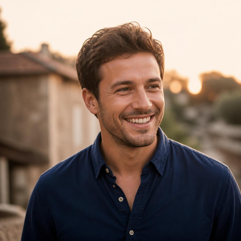 Man in a navy button-up shirt smiling in soft golden hour light