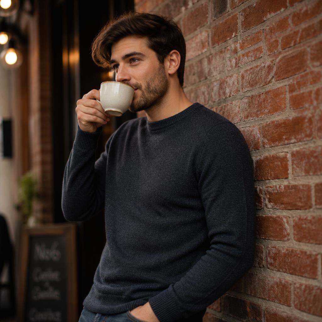 Man leaning against a brick wall holding a coffee cup