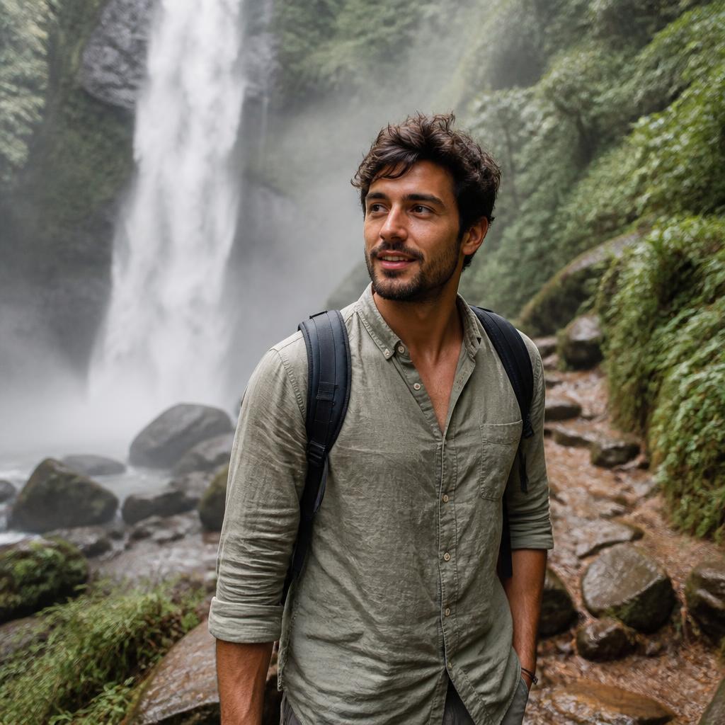 Man exploring a lush trail with a waterfall in the background